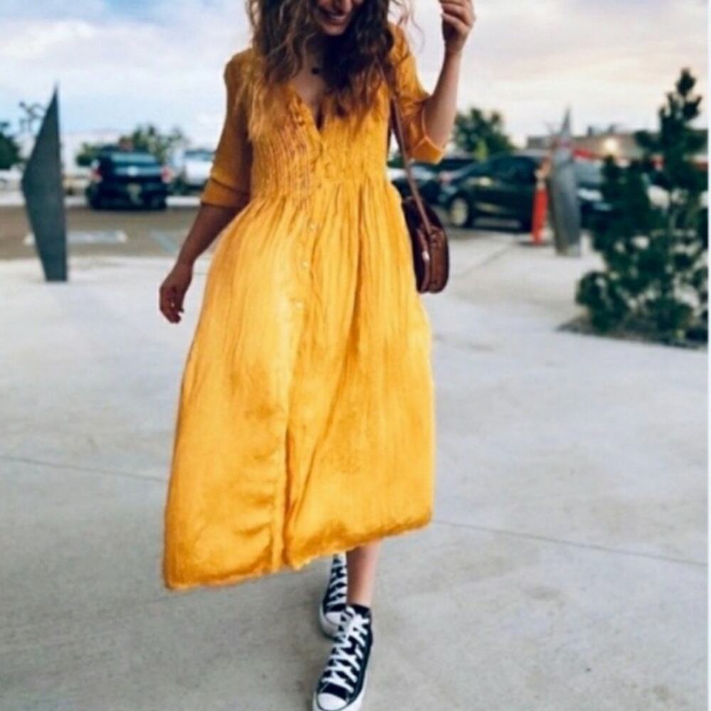 ZARA NWT Wrinkle Satin Effect Ankle Length Buttondown Dress Mustard Small